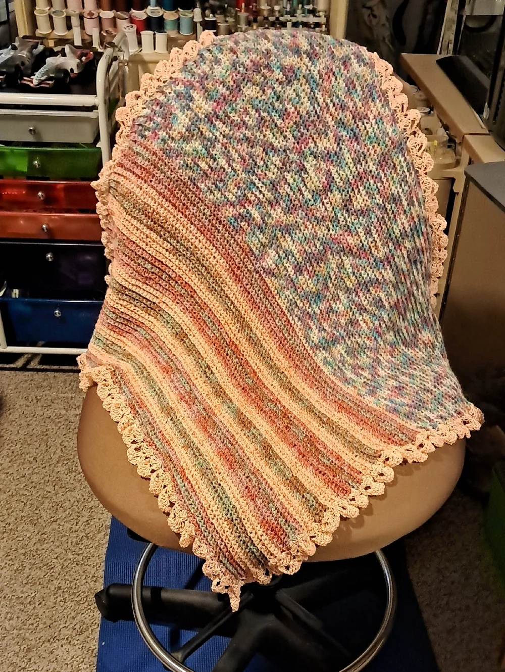 Handmade Multicolor Knit Baby Blanket with Peach Trim